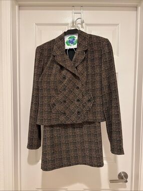 Plaid Double-Breasted Skirt Suit - Brown Plaid